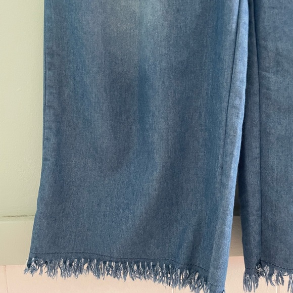 Blue Wide-Leg Women Chambray Cotton Light Weight Cropped Pants - Picture 3 of 10